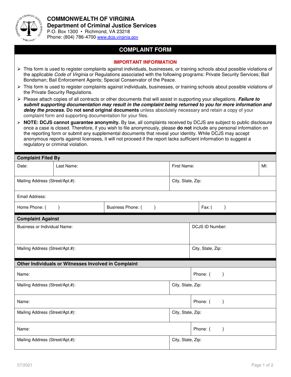 Virginia Complaint Form Download Fillable PDF | Templateroller