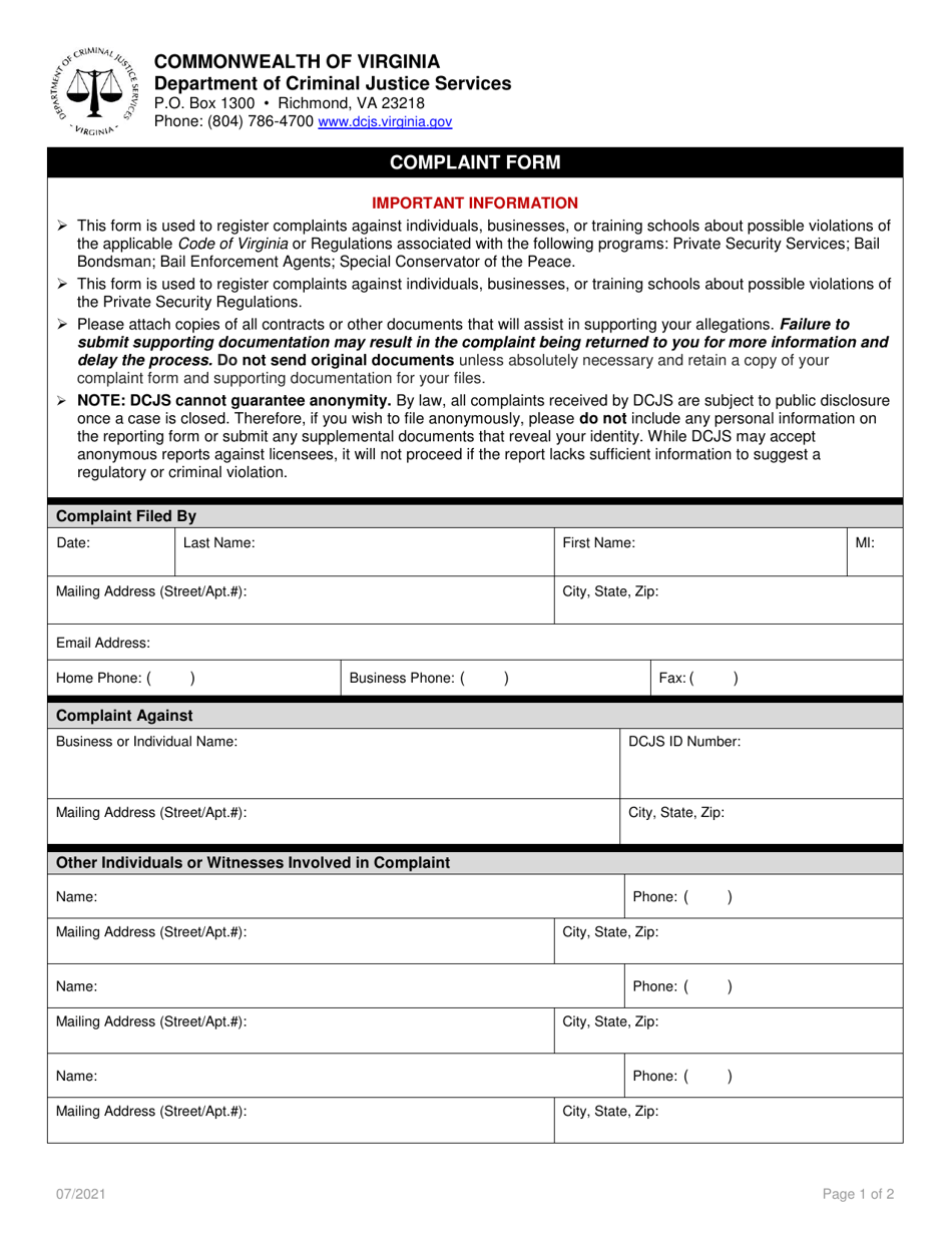 Complaint Form - Virginia, Page 1