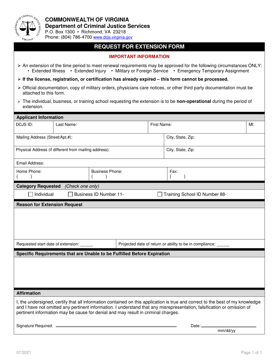 Request for Extension Form - Virginia, Page 1