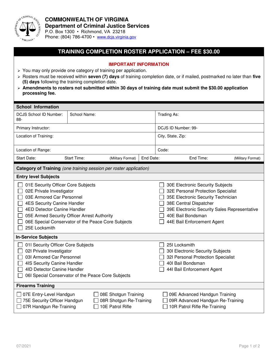 Training Completion Roster Application - Virginia, Page 1