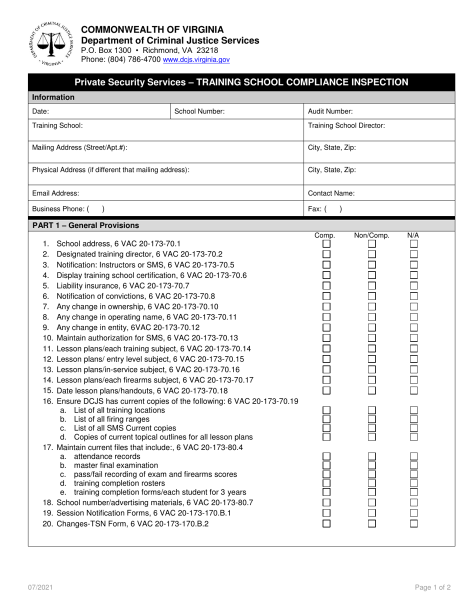 Training School Compliance Inspection - Private Security Services - Virginia, Page 1