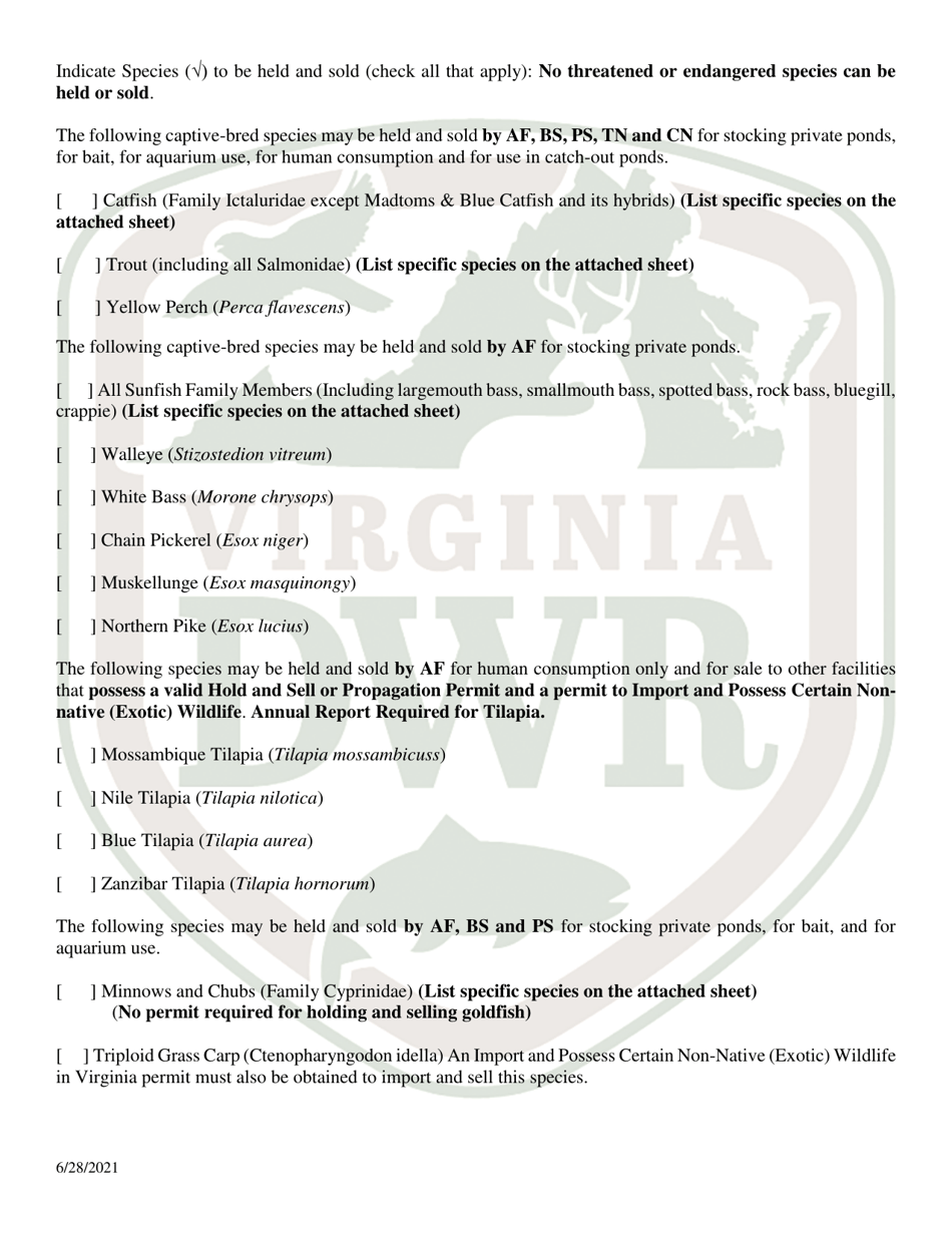 Application for Permit to Hold and Sell Certain Fish, Snakes, Snapping Turtles,  Hellgrammites for Sale - Virginia, Page 2