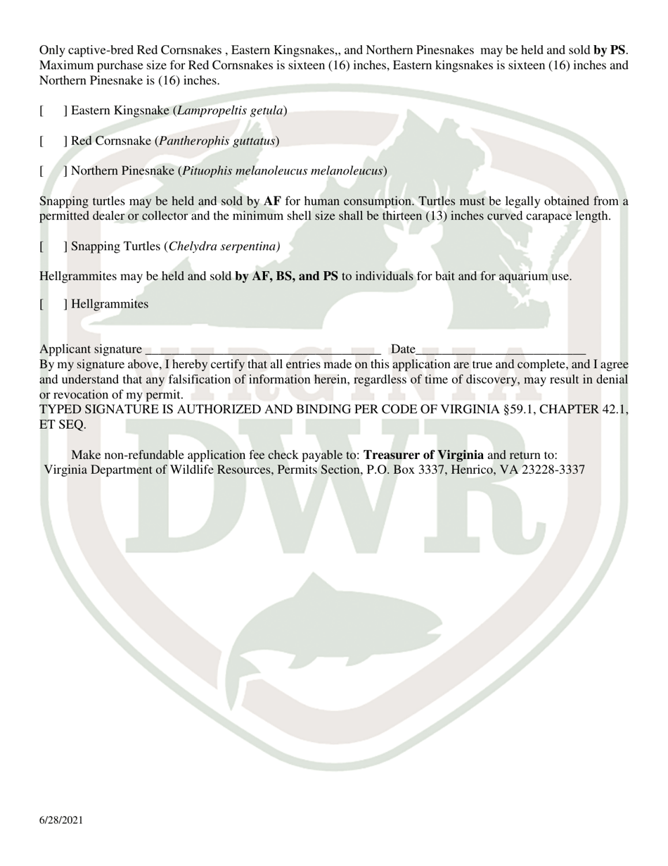 Application for Permit to Hold and Sell Certain Fish, Snakes, Snapping Turtles,  Hellgrammites for Sale - Virginia, Page 3