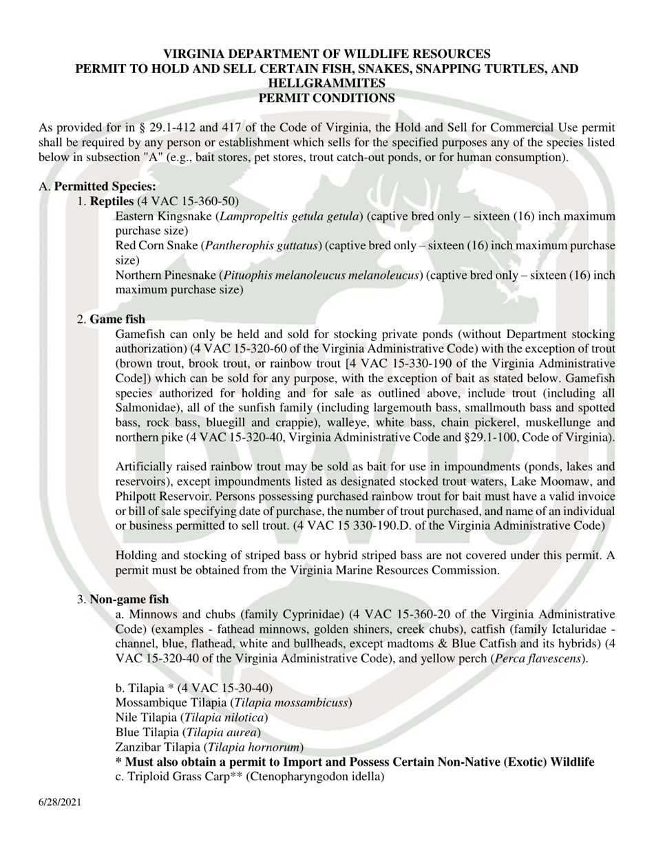 Application for Permit to Hold and Sell Certain Fish, Snakes, Snapping Turtles,  Hellgrammites for Sale - Virginia, Page 5