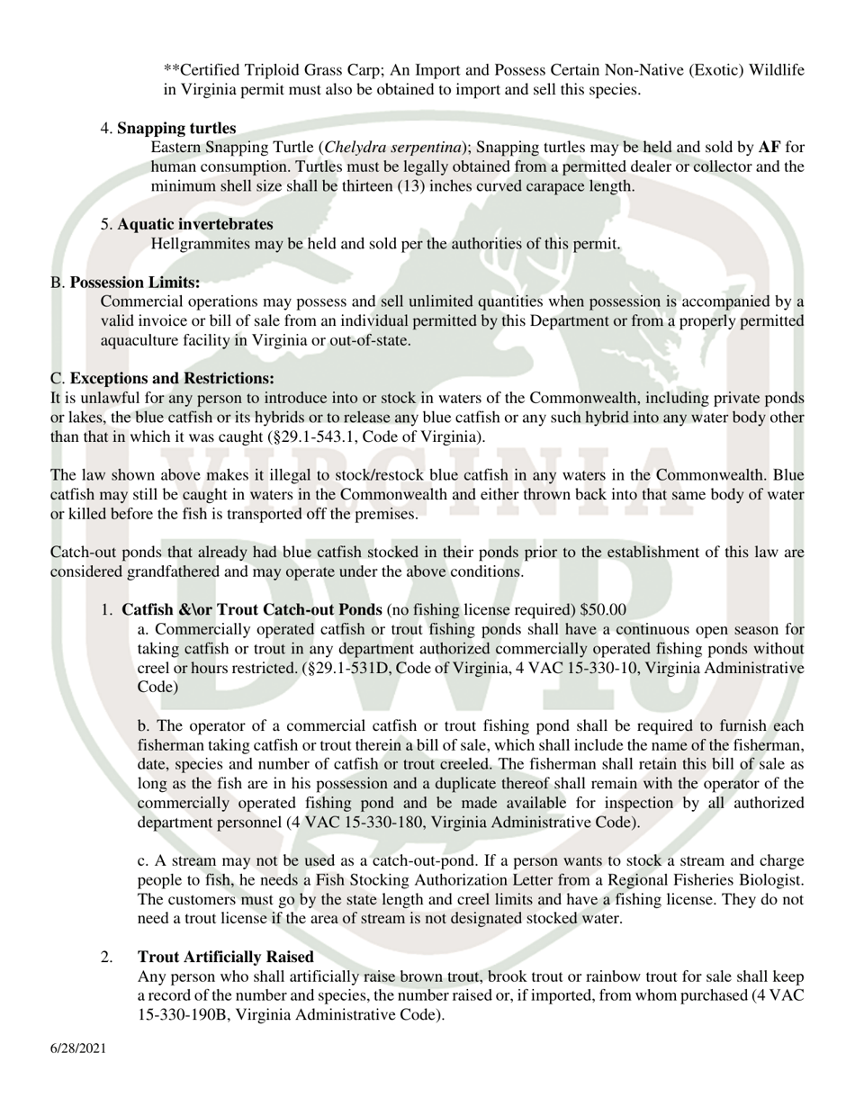 Application for Permit to Hold and Sell Certain Fish, Snakes, Snapping Turtles,  Hellgrammites for Sale - Virginia, Page 6