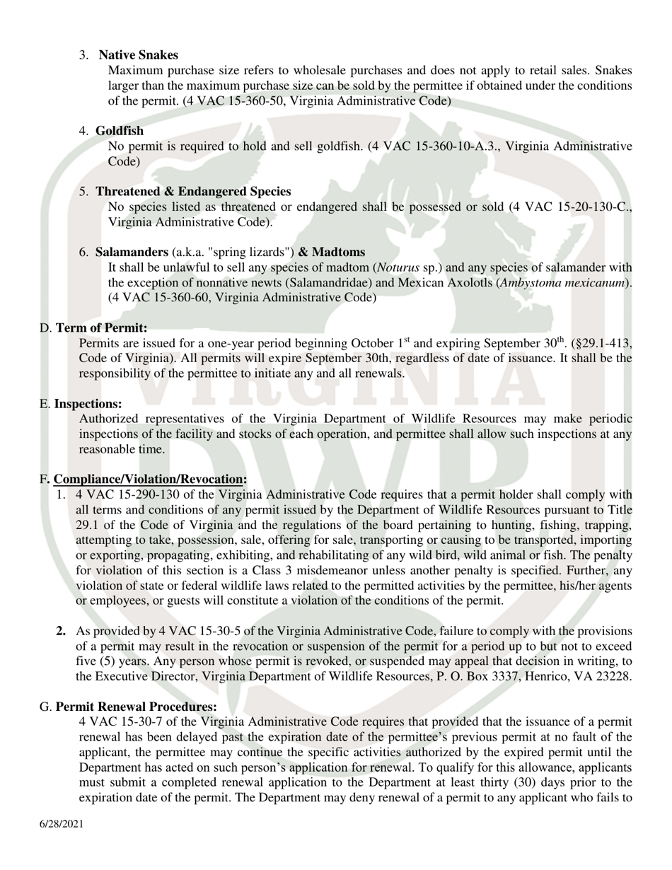 Application for Permit to Hold and Sell Certain Fish, Snakes, Snapping Turtles,  Hellgrammites for Sale - Virginia, Page 7
