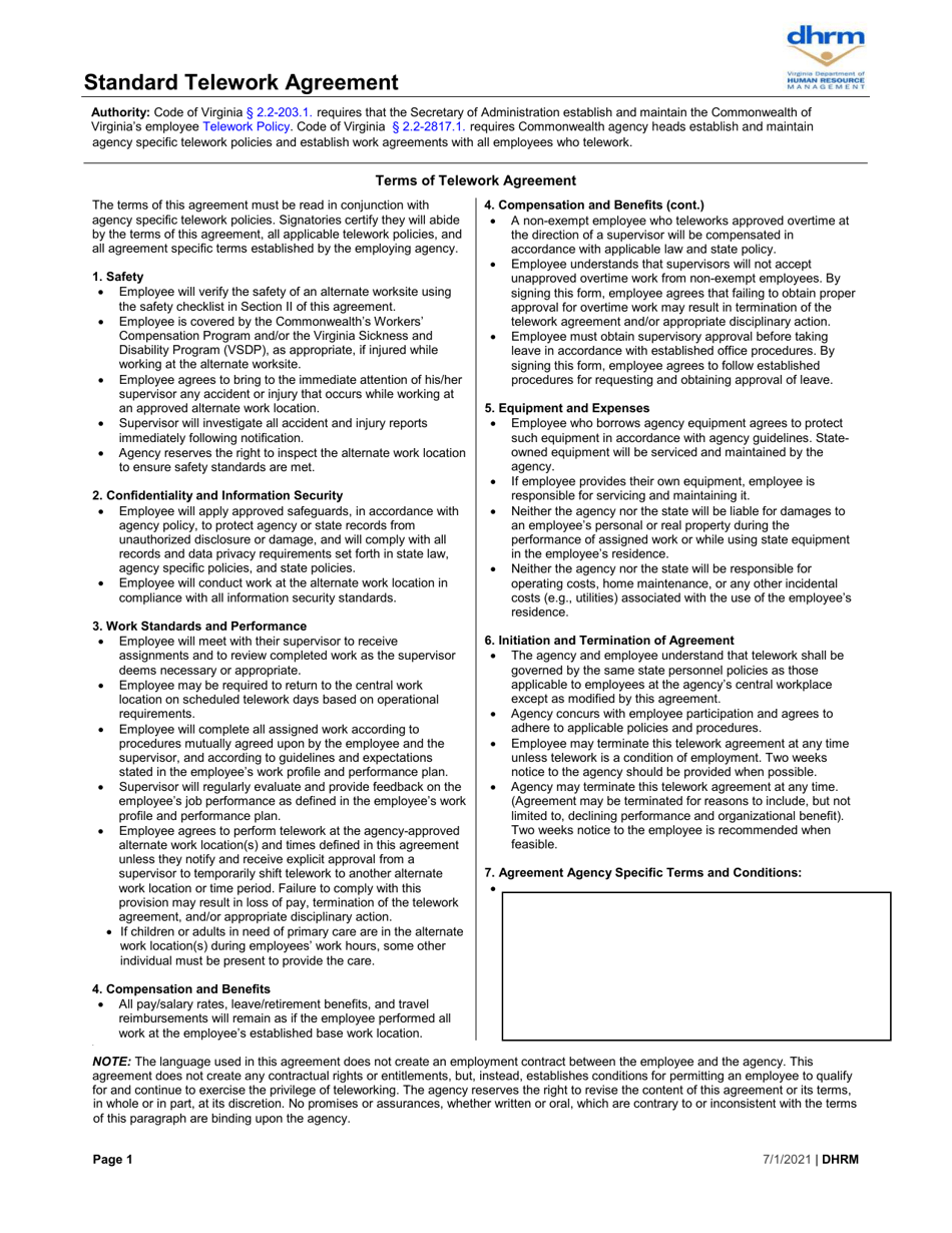 Standard Telework Agreement - Virginia, Page 1