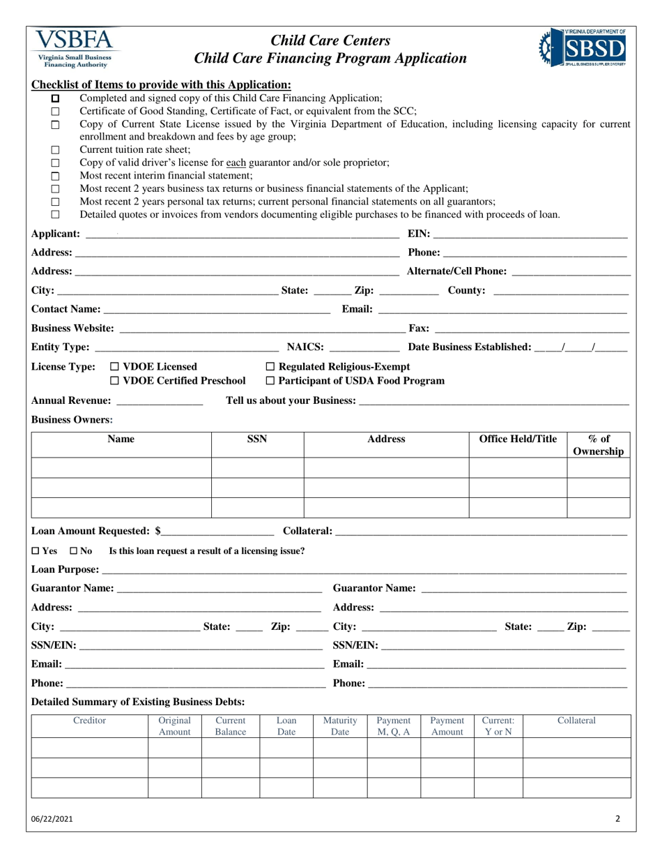 Child Care Financing Program Application - Child Care Centers - Virginia, Page 2