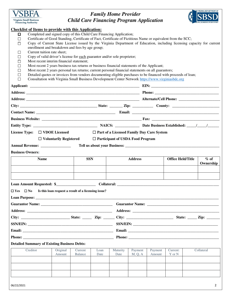 Child Care Financing Program Application - Family Home Provider - Virginia, Page 2