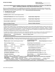 Document preview: Formulario 032-03-729A-19-ENG Solicitud De Renovacion De Subsidio Auxiliar (Ag), Programa De Asistencia Nutricional Suplementaria (Snap), Y Asistencia Temporal Para Familias Necesitadas (TANF) - Virginia (Spanish)