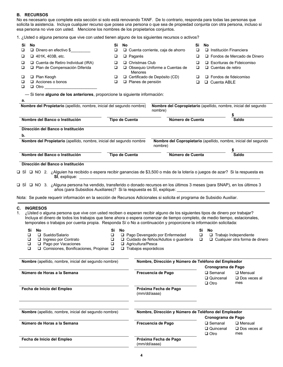Formulario 032-03-729A-19-ENG Solicitud De Renovacion De Subsidio Auxiliar (Ag), Programa De Asistencia Nutricional Suplementaria (Snap), Y Asistencia Temporal Para Familias Necesitadas (TANF) - Virginia (Spanish), Page 4