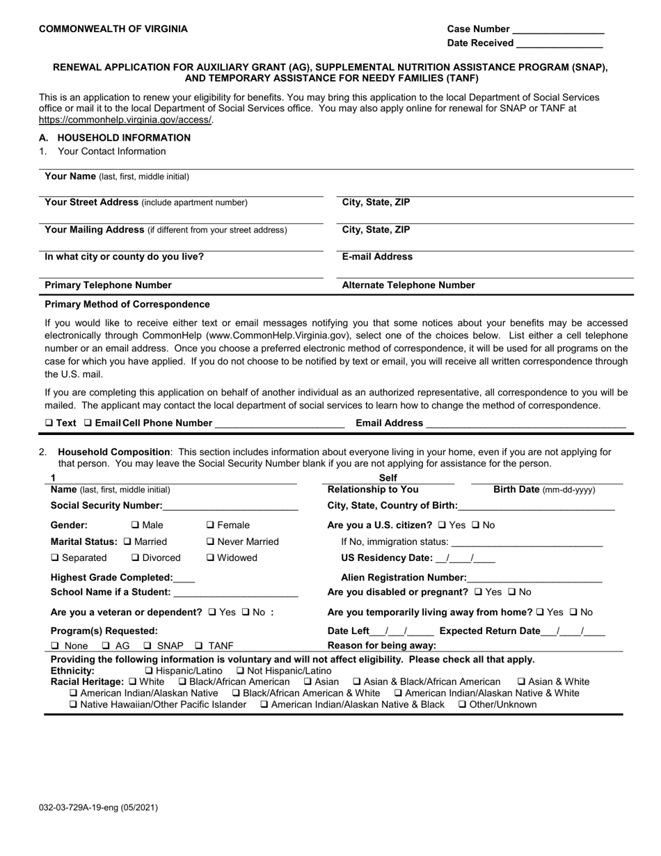 Form 032-03-729A-19-ENG Renewal Application for Auxiliary Grant (Ag), Supplemental Nutrition Assistance Program (Snap), and Temporary Assistance for Needy Families (TANF) - Virginia, Page 1
