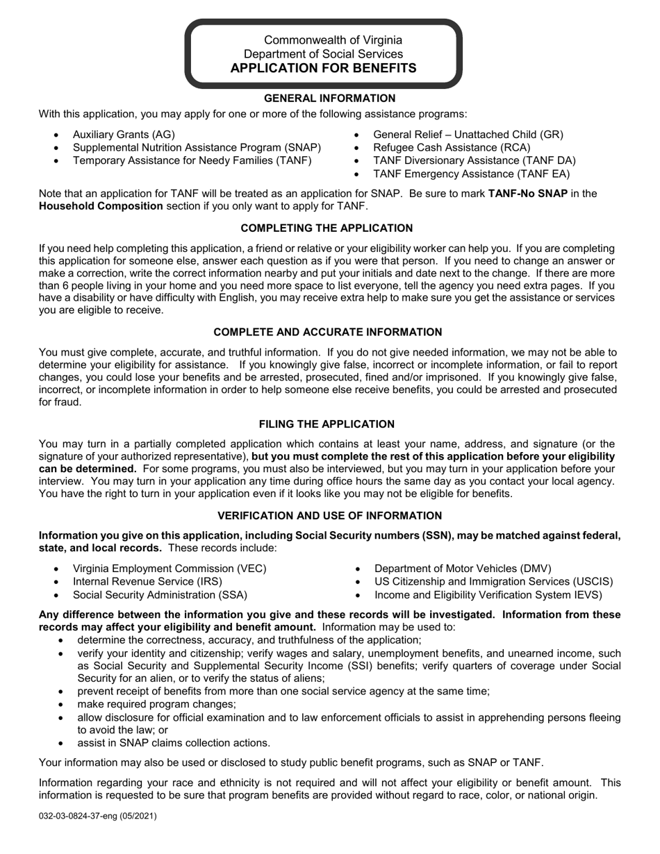 Form 032-03-0824-37-ENG Application for Benefits - Virginia, Page 1