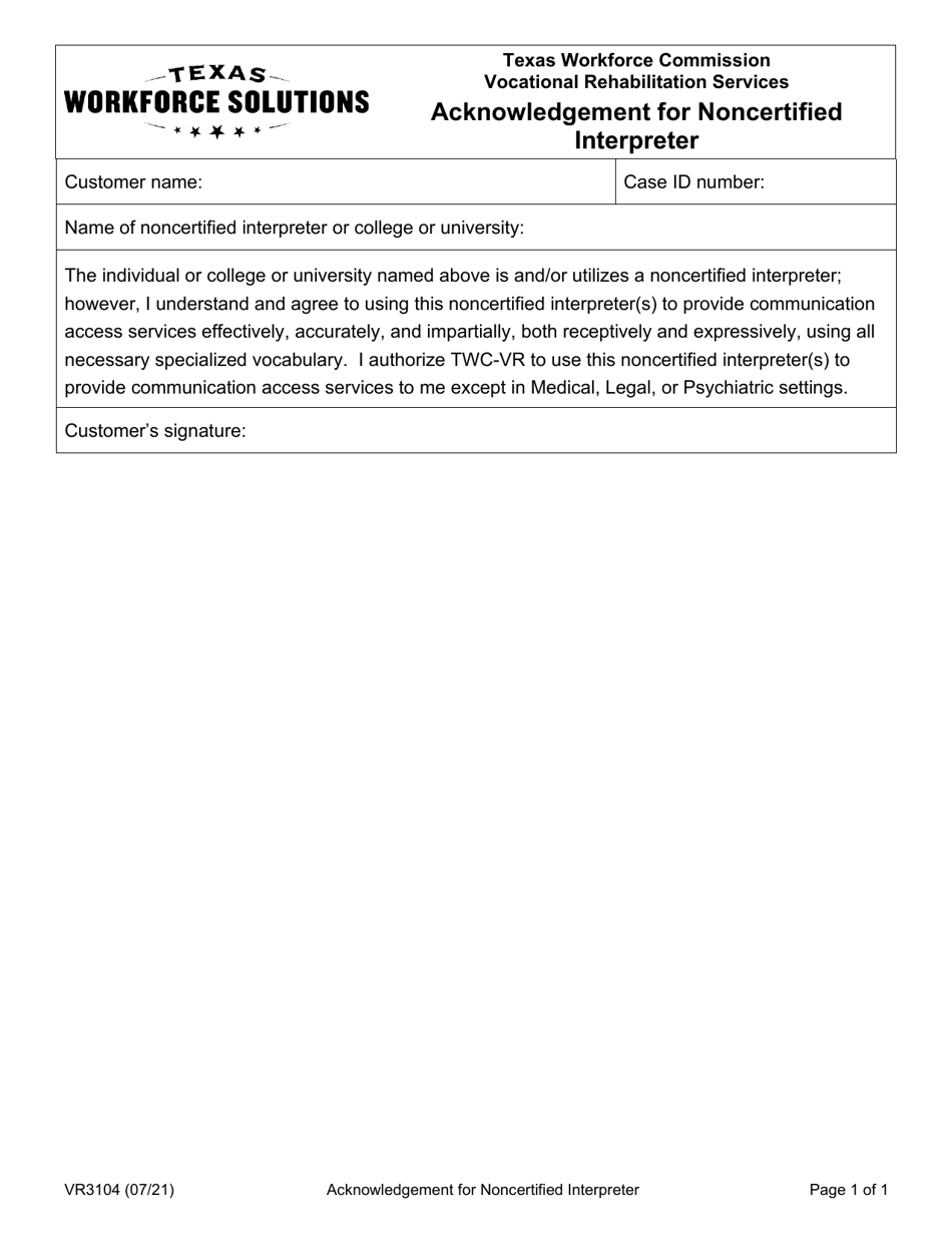 Form VR3104 Acknowledgement for Noncertified Interpreter - Texas, Page 1