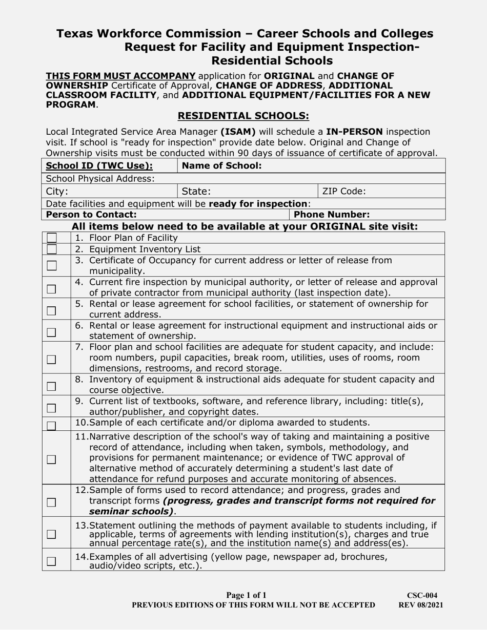 Form CSC-004 Request for Facility and Equipment Inspection - Residential Schools - Texas, Page 1