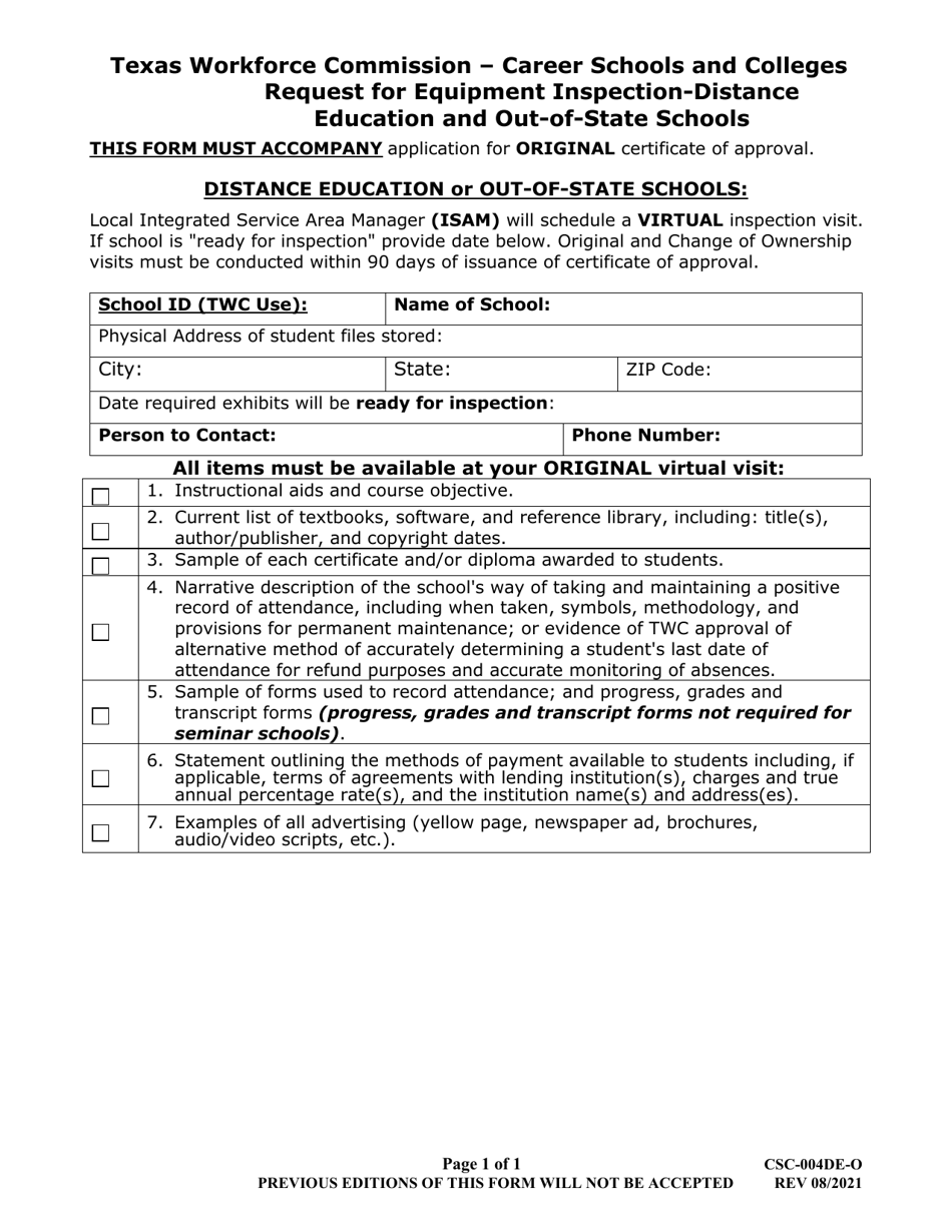 Form CSC-004DE-O Request for Equipment Inspection - Distance Education and Out-of-State Schools - Texas, Page 1