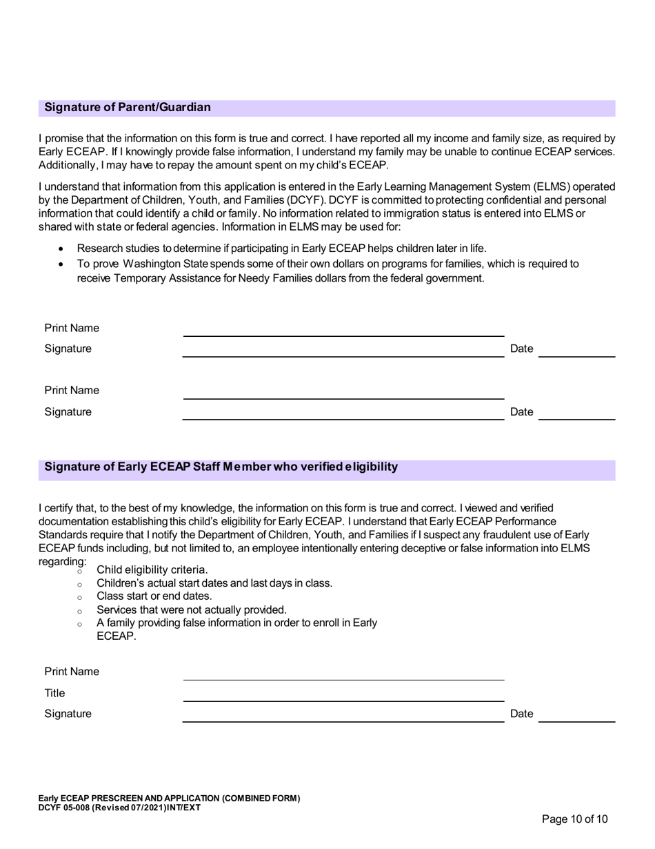 DCYF Form 05-008 Early Eceap Prescreen  Application (Combined Form) - Washington, Page 10