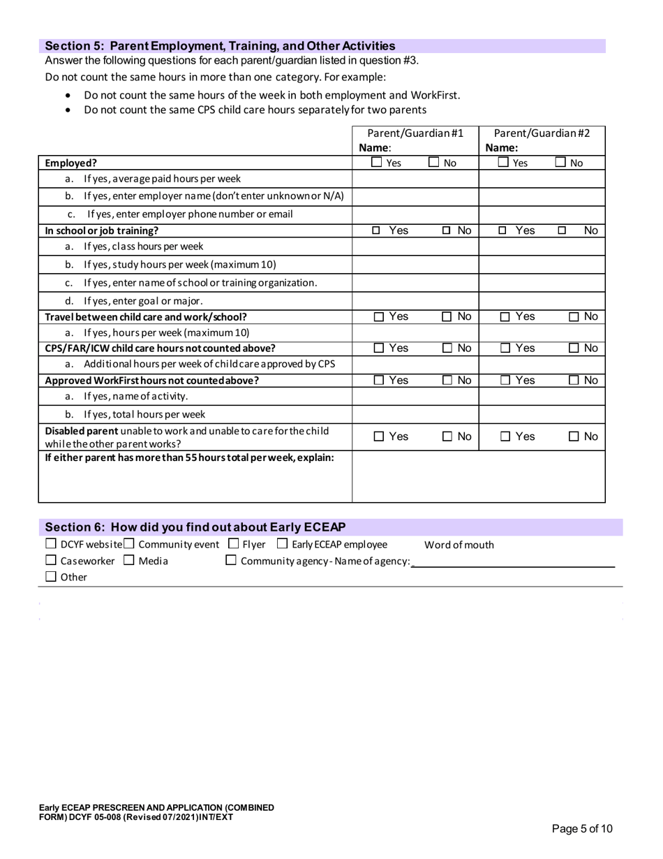 DCYF Form 05-008 Early Eceap Prescreen  Application (Combined Form) - Washington, Page 5