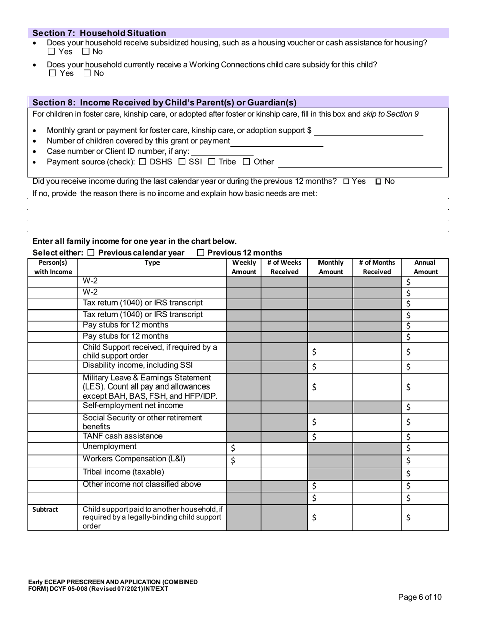 DCYF Form 05-008 Early Eceap Prescreen  Application (Combined Form) - Washington, Page 6