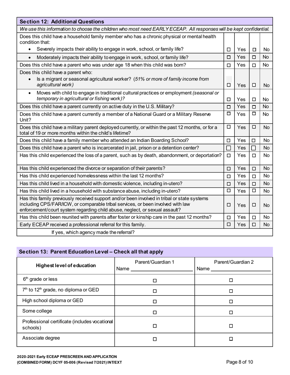 DCYF Form 05-008 Early Eceap Prescreen  Application (Combined Form) - Washington, Page 8