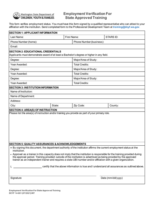DCYF Form 14-001  Printable Pdf