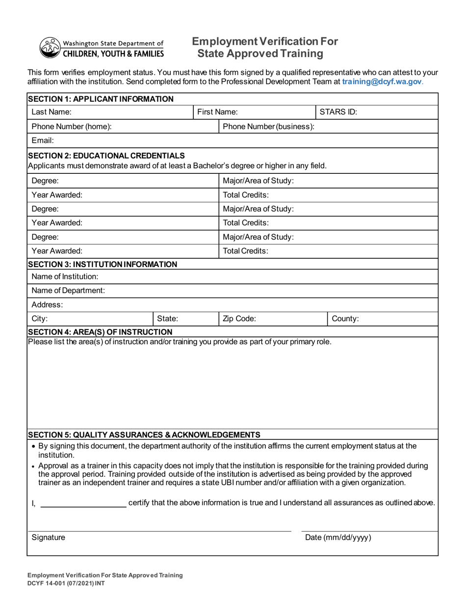 DCYF Form 14-001 Employment Verification for State Approved Training - Washington, Page 1
