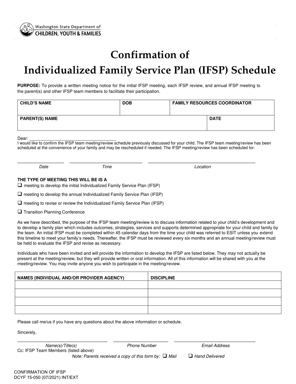 DCYF Form 15-050 Confirmation of Individualized Family Service Plan (Ifsp) Schedule - Washington, Page 1