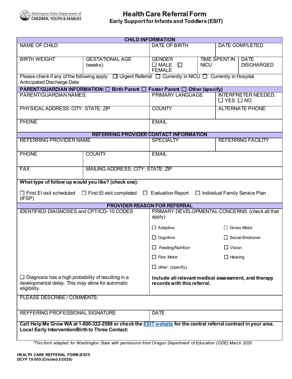 DCYF Form 15-005 Esit Health Care Referral Form - Washington, Page 1
