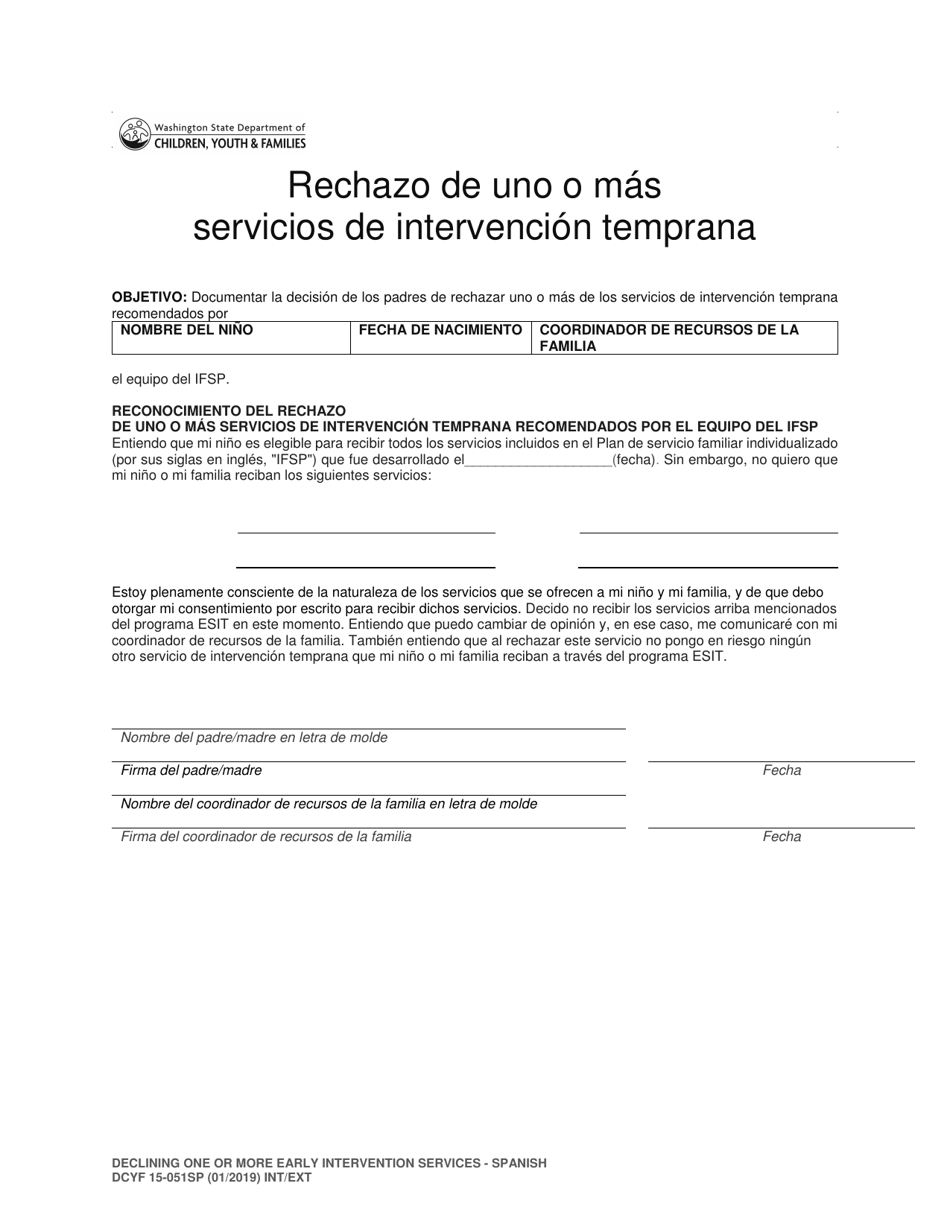 DCYF Formulario 15-051 Rechazo De Uno O Mas Servicios De Intervencion Temprana - Washington (Spanish), Page 1