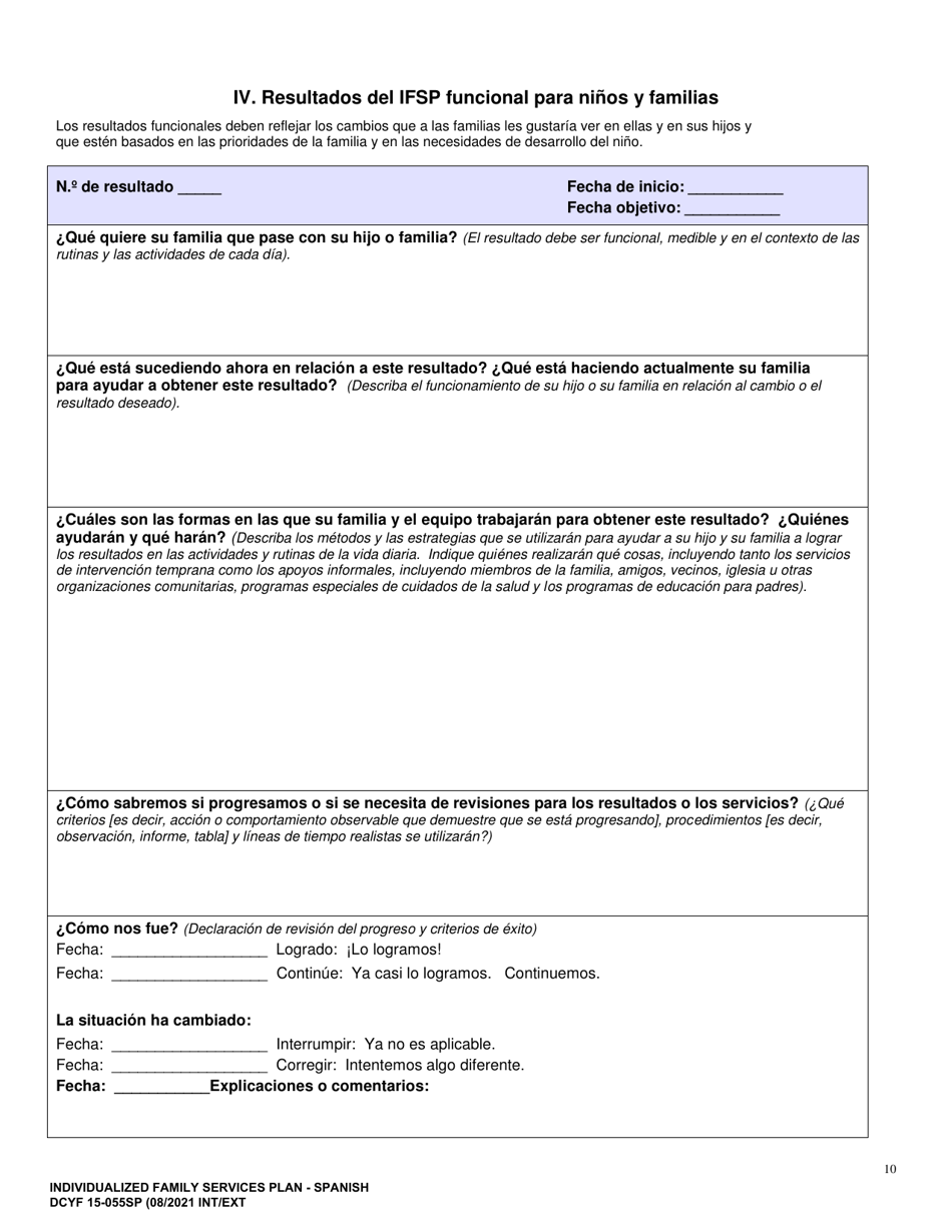DCYF Formulario 15-055 Plan De Servicio Familiar Individualizado (Ifsp) - Washington (Spanish), Page 10
