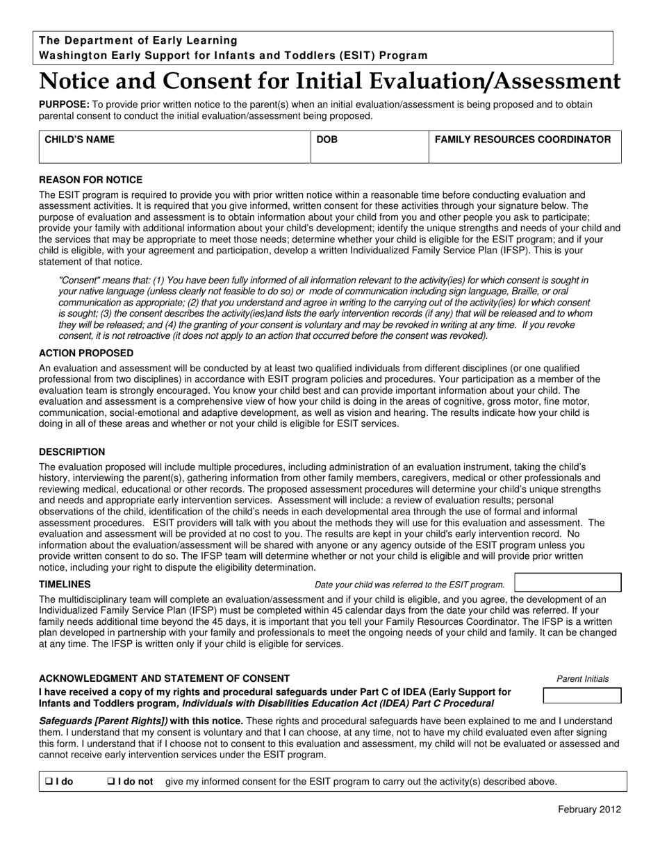 DCYF Form 15-056 Notice and Consent for Initial Evaluation / Assessment - Washington, Page 1