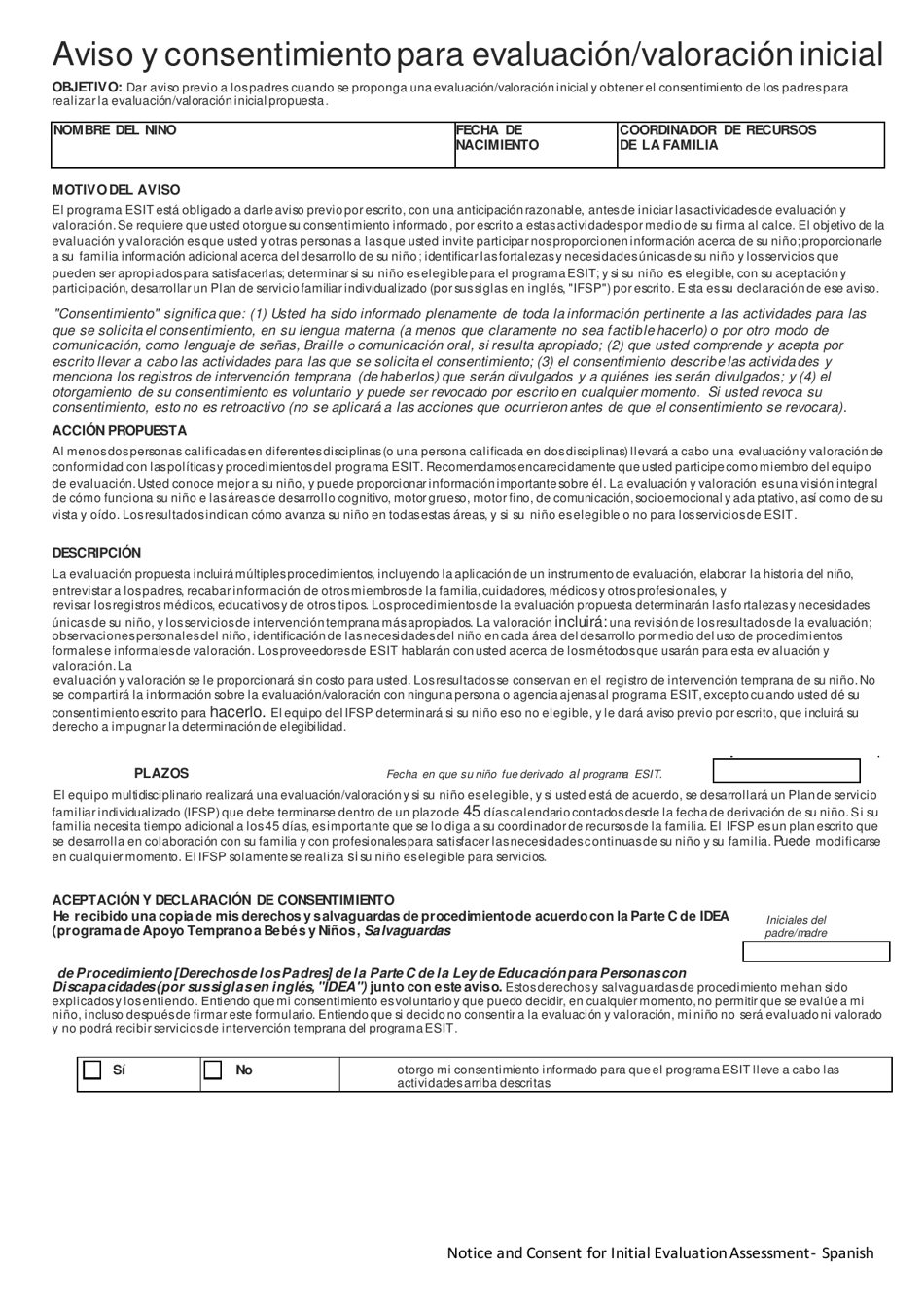 DCYF Formulario 15-056 Aviso Y Consentimiento Para Evaluacion/Valoracion Inicial - Washington (Spanish), Page 1