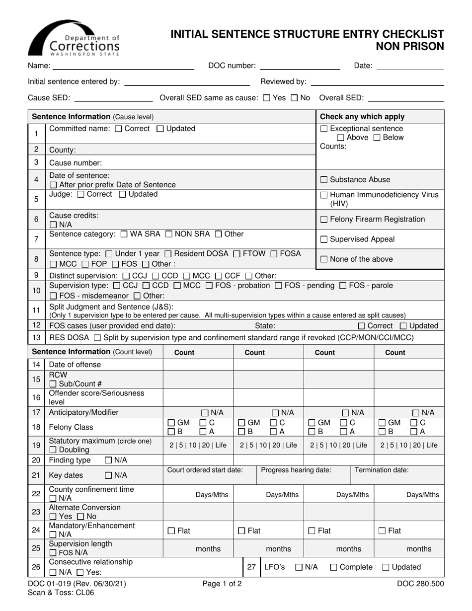 Form DOC01-019 Initial Sentence Structure Entry Checklist - Non Prison - Washington, Page 1