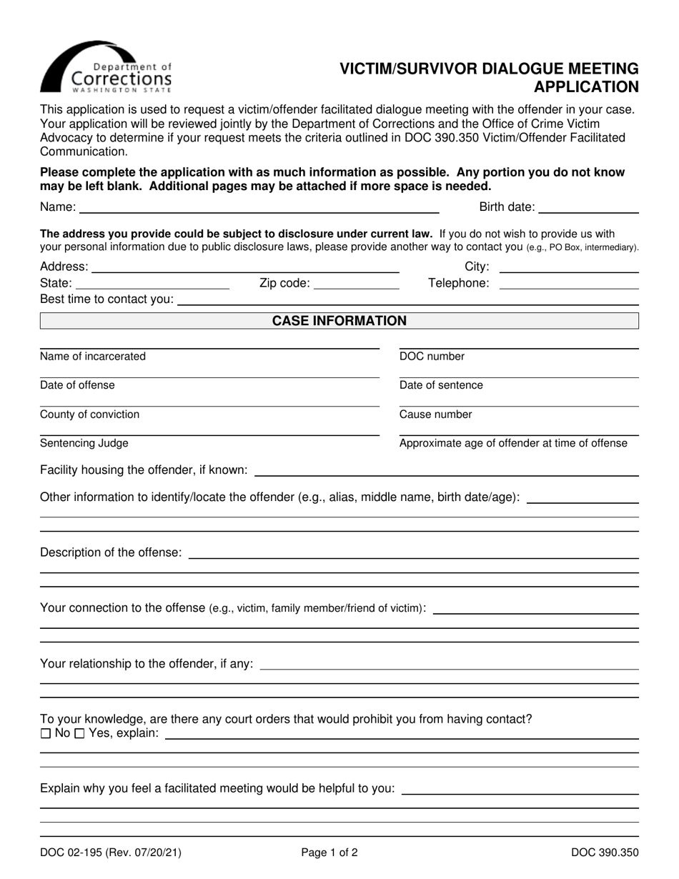 Form DOC02-195 Victim / Survivor Dialogue Meeting Application - Washington, Page 1