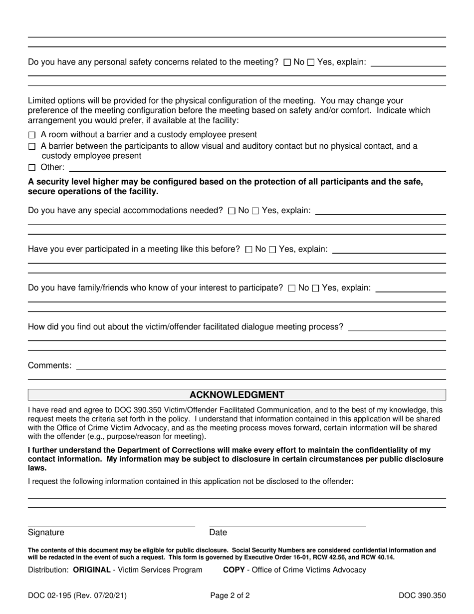 Form DOC02-195 Victim / Survivor Dialogue Meeting Application - Washington, Page 2