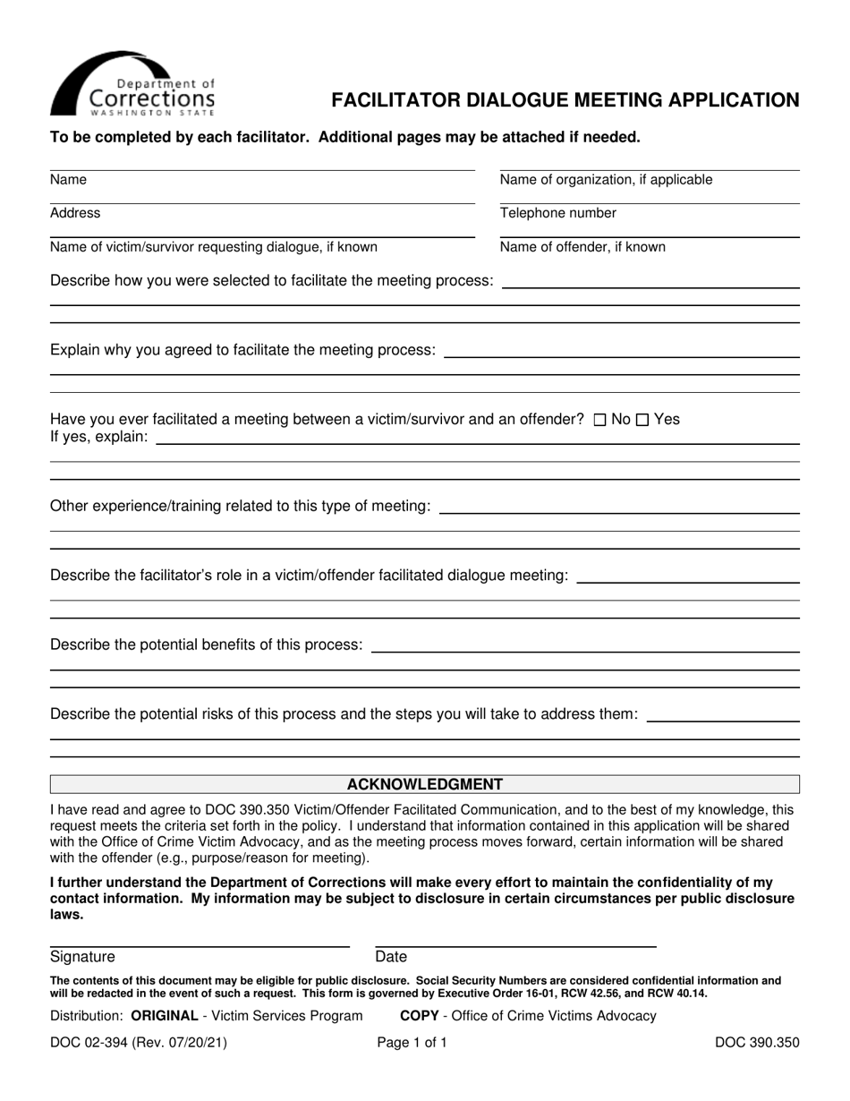 Form DOC02-394 Facilitator Dialogue Meeting Application - Washington, Page 1