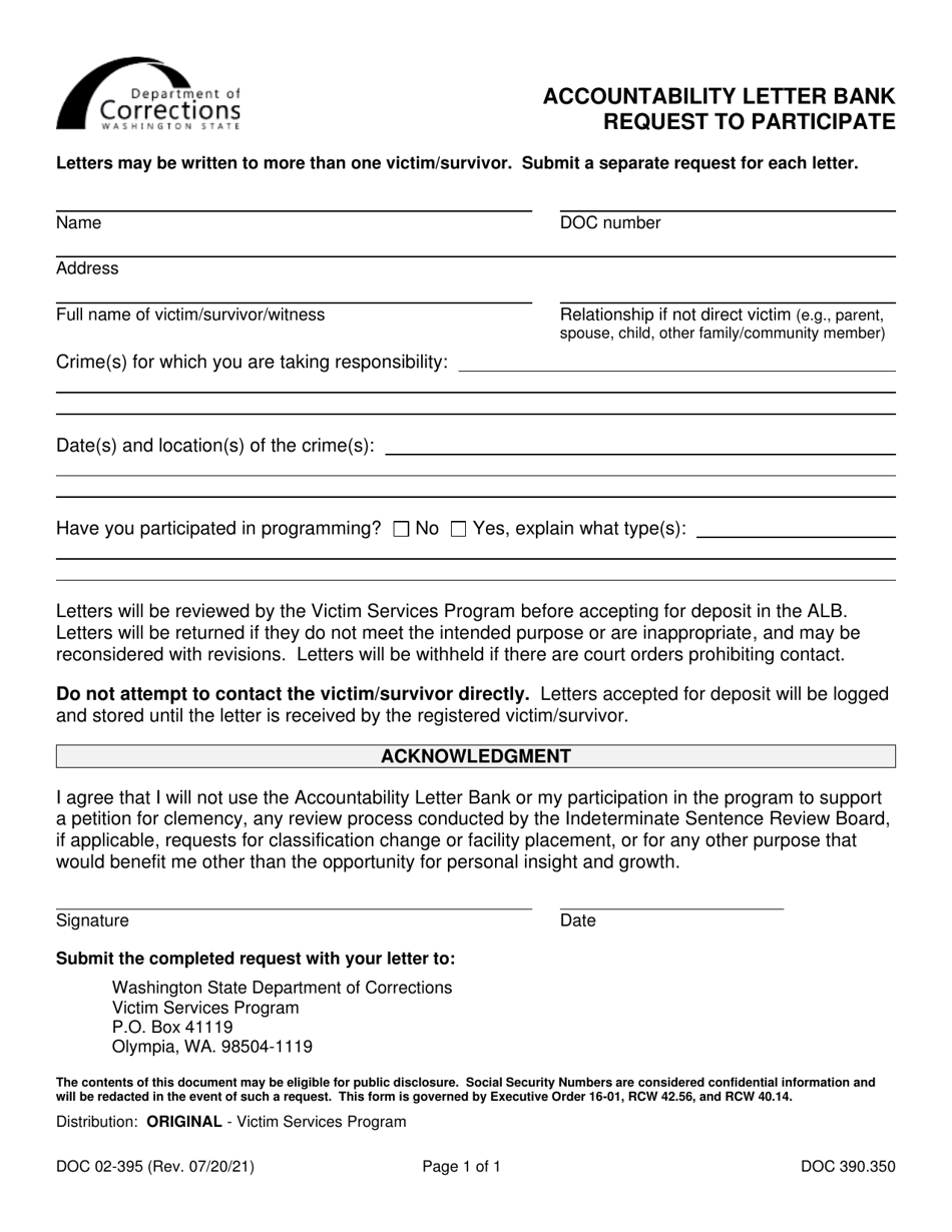 Form DOC02-395 Accountability Letter Bank - Request to Participate - Washington, Page 1