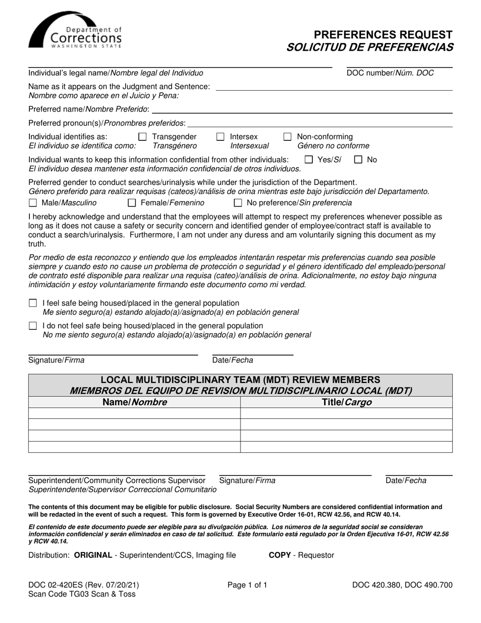 Form DOC02-420ES Preferences Request - Washington (English / Spanish), Page 1