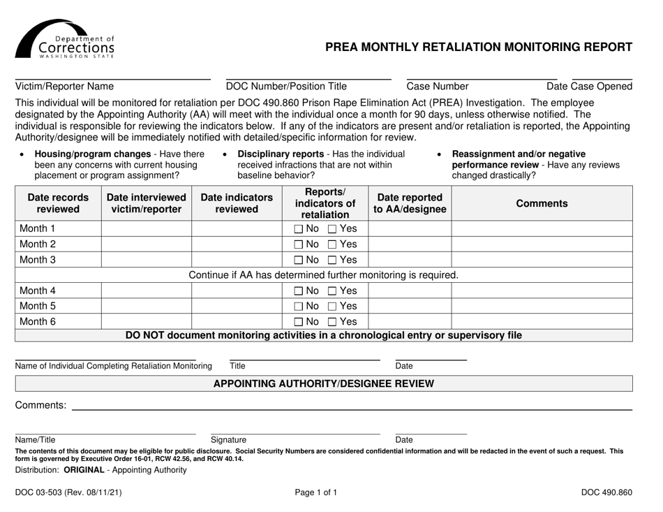Form DOC03-503 Prea Monthly Retaliation Monitoring Report - Washington, Page 1