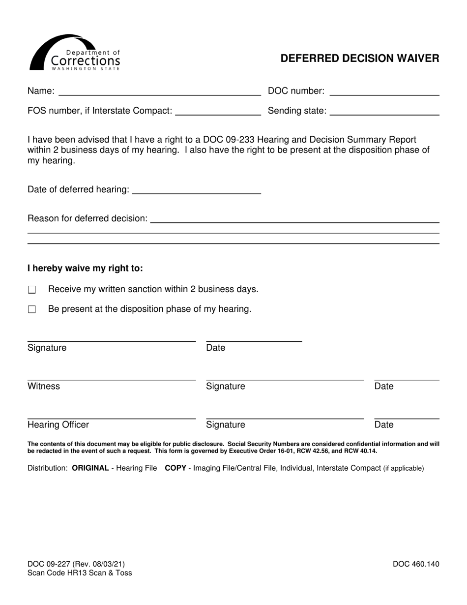 Form DOC09-227 Deferred Decision Waiver - Washington, Page 1