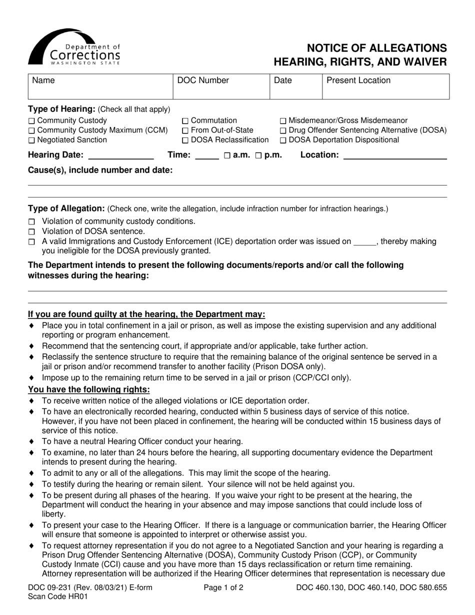 Form DOC09-231 Notice of Allegations, Hearing, Rights, and Waiver - Washington, Page 1
