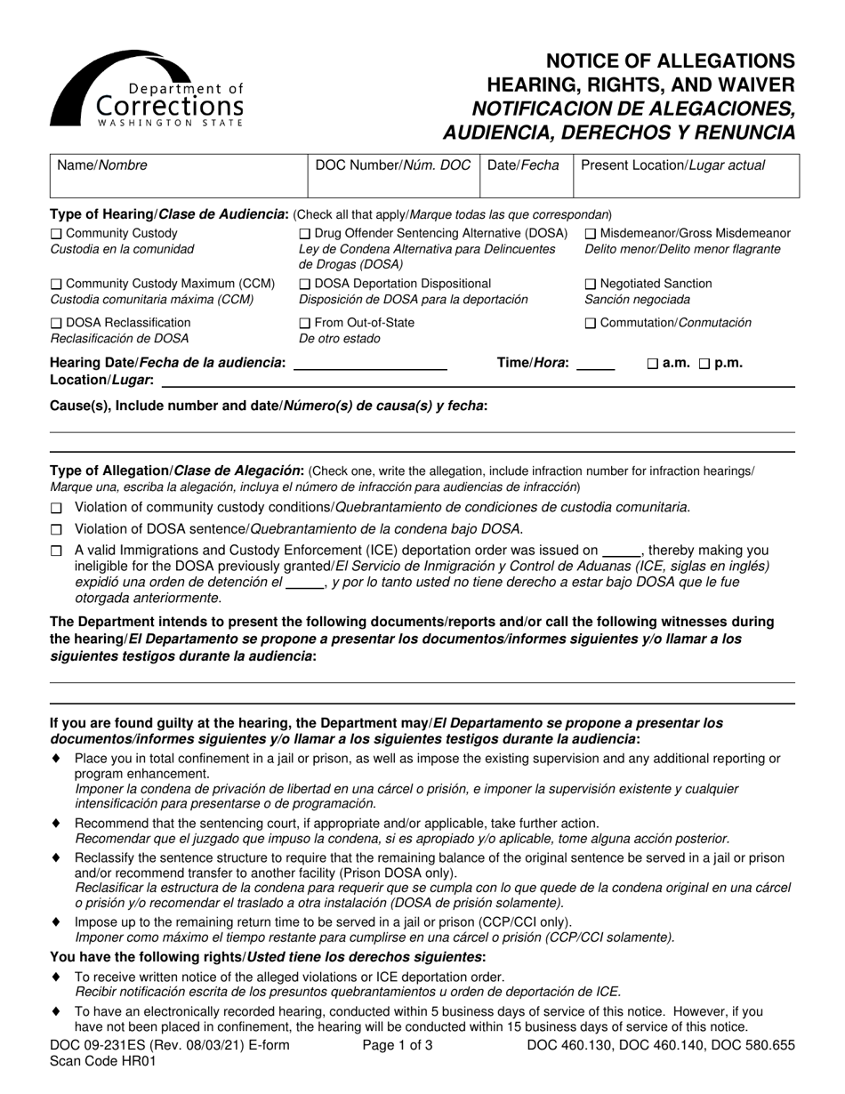 Form DOC09-231ES Notice of Allegations, Hearing, Rights, and Waiver - Washington (English / Spanish), Page 1