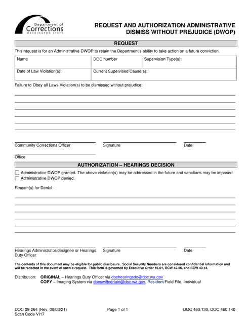 Form DOC09-264 Request and Authorization Administrative Dismiss Without Prejudice (Dwop) - Washington