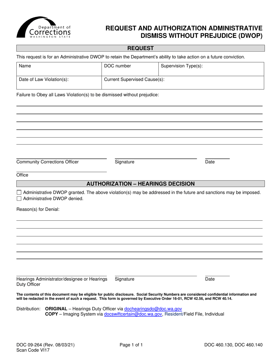 Form DOC09-264 Request and Authorization Administrative Dismiss Without Prejudice (Dwop) - Washington, Page 1
