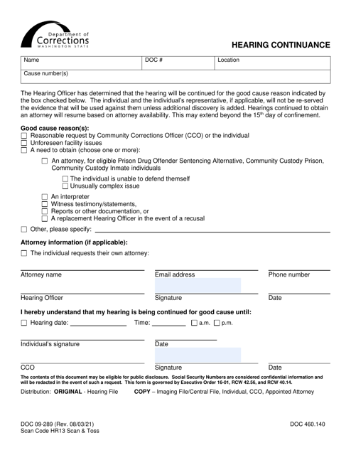 Form DOC09-289  Printable Pdf