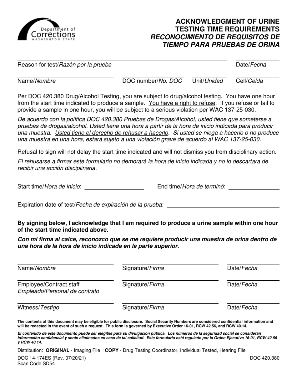 Form DOC14-174ES Acknowledgment of Urine Testing Time Requirements - Washington (English / Spanish), Page 1