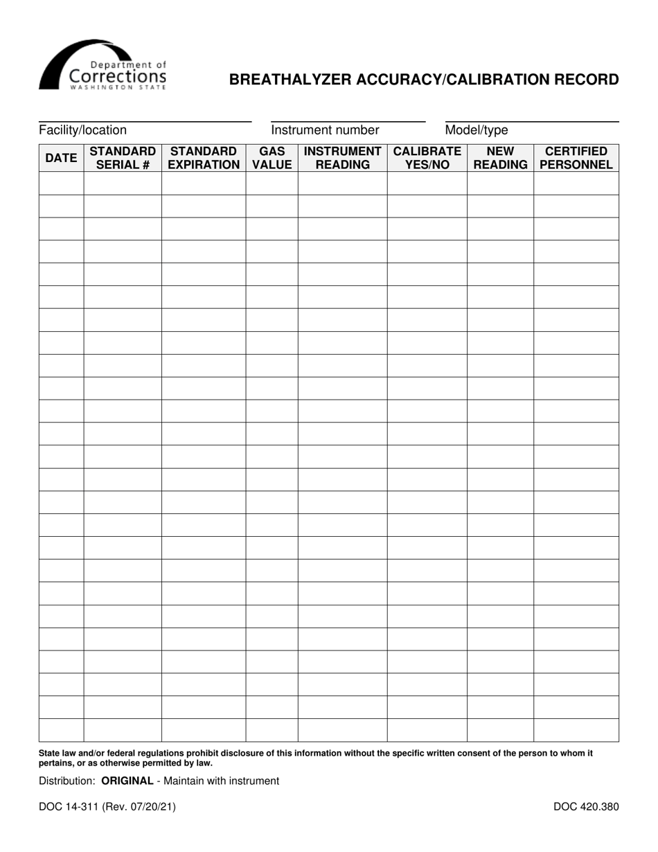 Form DOC14-311 Breathalyzer Accuracy / Calibration Record - Washington, Page 1