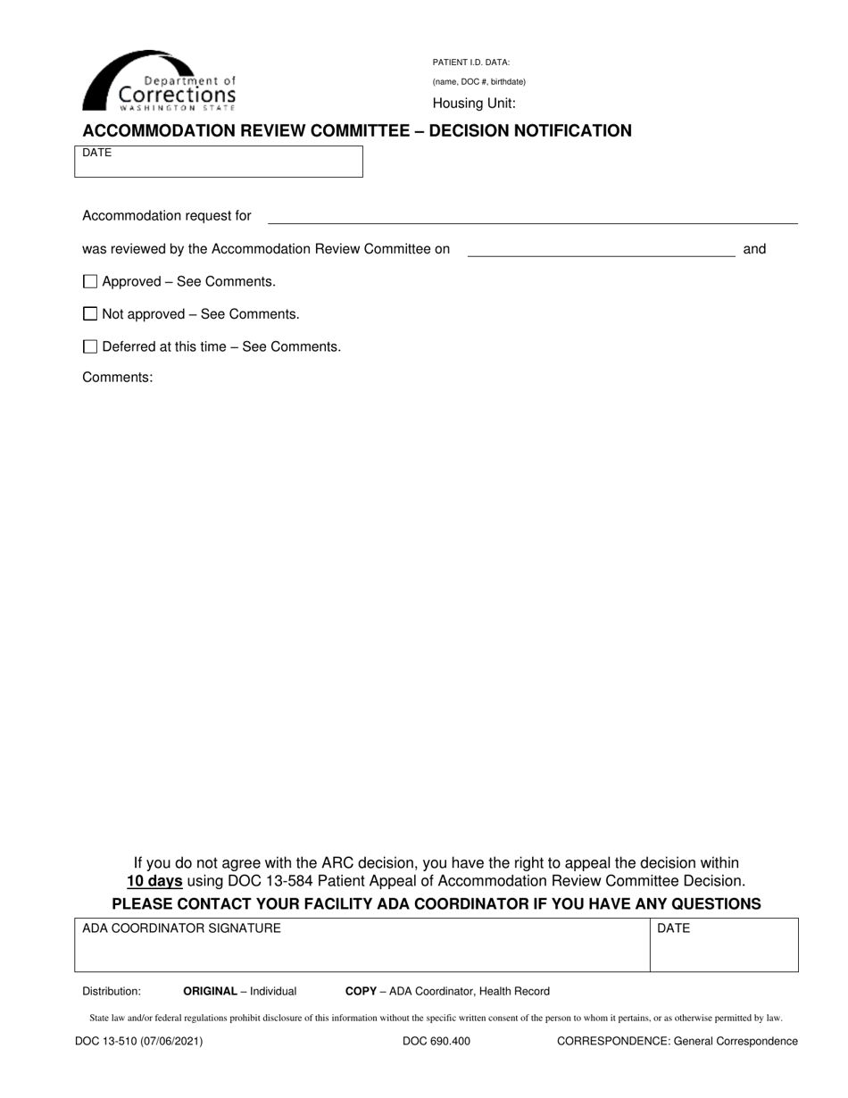 Form DOC13-510 Accommodation Review Committee - Decision Notification - Washington, Page 1
