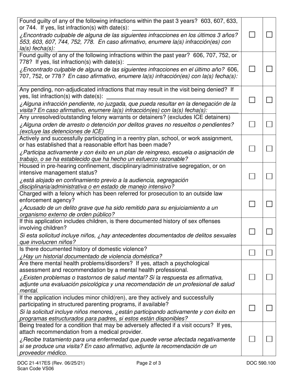 Form DOC21-417ES Extended Family Visit Facility Action - Washington (English / Spanish), Page 2