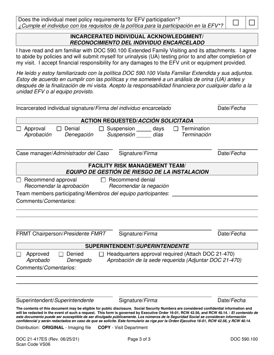 Form DOC21-417ES Extended Family Visit Facility Action - Washington (English / Spanish), Page 3